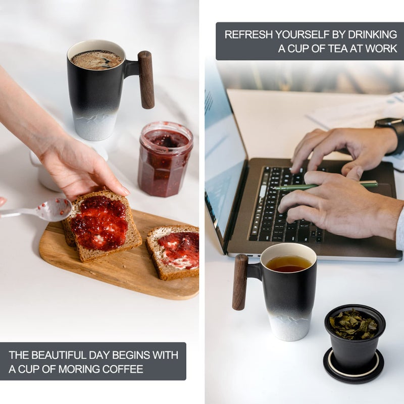 suyika Tomotime Ceramic Tea Cup with Infuser and Lid Tea Mugs Wooden Handle 400ml/13.5oz Black - Image 5